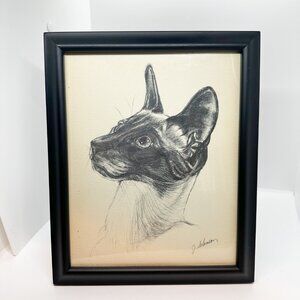 Vintage Cat Sketch Drawing Print Framed Signed Art Artist Familiar Siamese